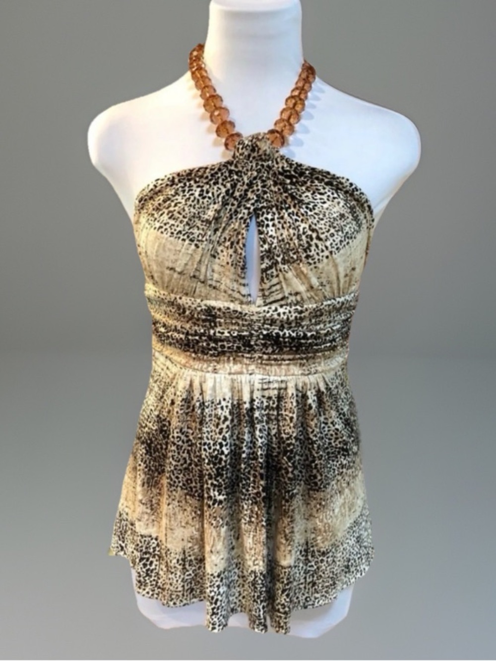BoHo CHIC Leopard Print Beaded Cut Out Halter Top